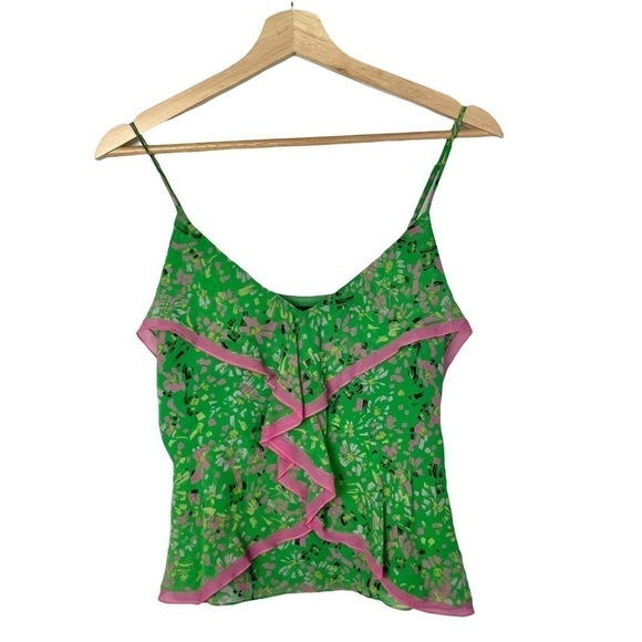 BCBGMaxAzria Lime Green & Pink Y2K Silk Ruffle Cami Tank Top S - Picture 1 of 6